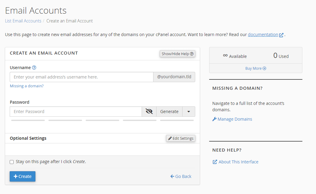 Create Email Account Details