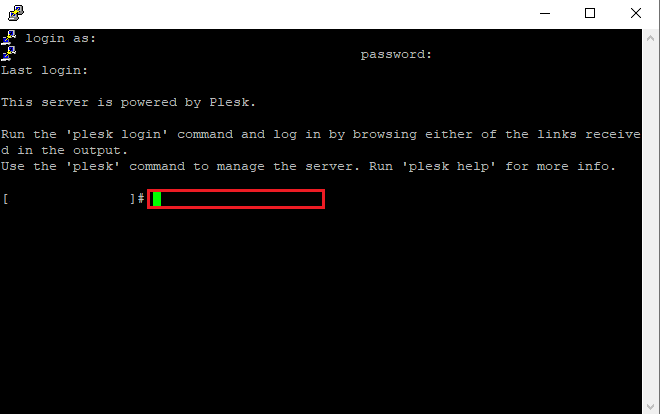 A PuTTY window showing successful Plesk login read to restart Plesk