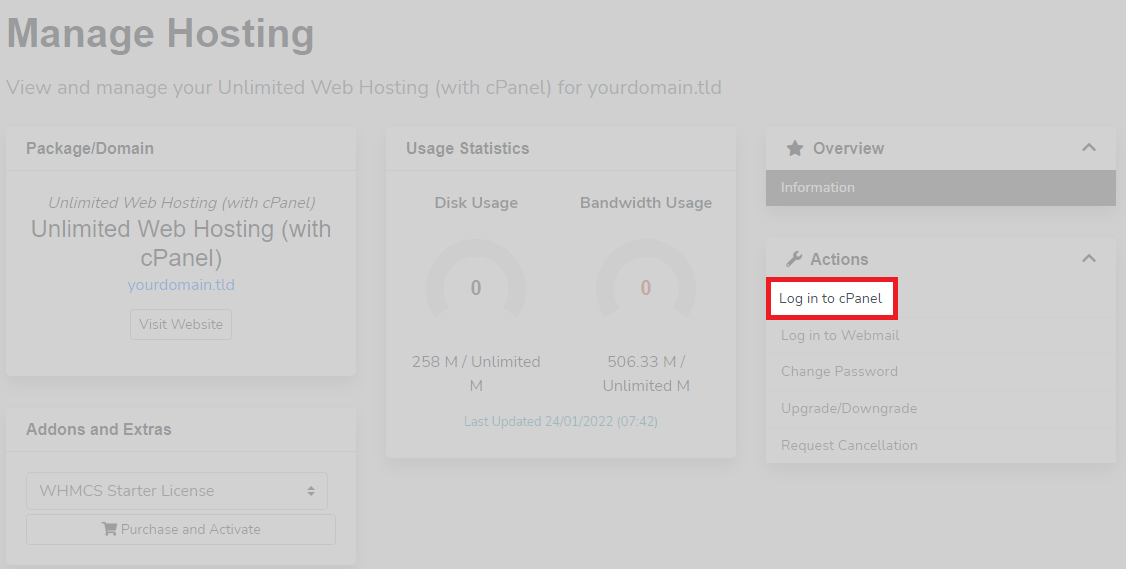 cPanel log in from client area.