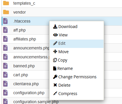 .htaccess file shown highlighted with right click drop down indicating edit