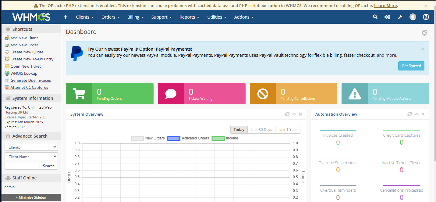 OpCache warning banner shown in WHMCS