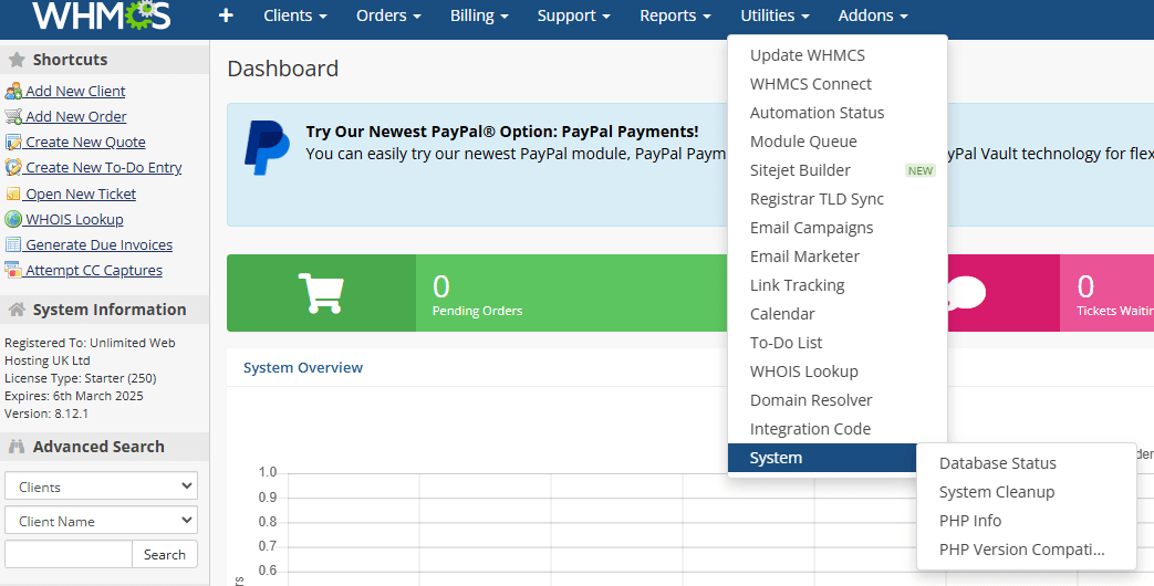 Utilities Drop down menu in WHMCS